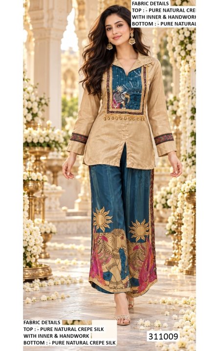 Beige Multi Color Crepe Silk Handwork Co Ord Set ER 311009 